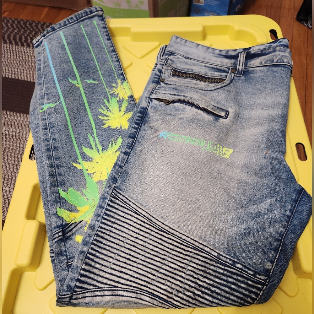 Rockstar Original Natural Selection 2.0 Yellow/Green Palms Men's Jeans 40x32